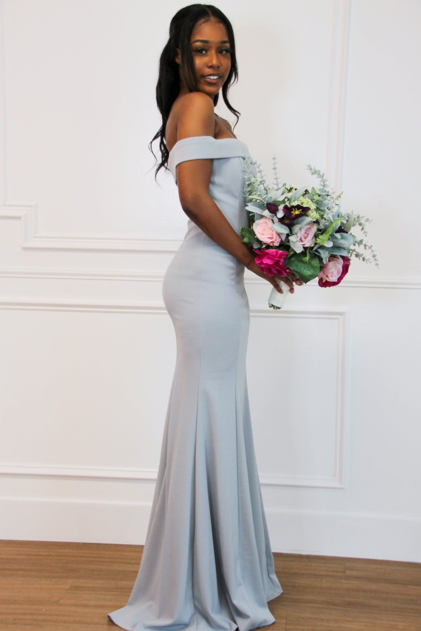 Whitney Off Shoulder Long Dress: Dove Gray - Bella and Bloom Boutique