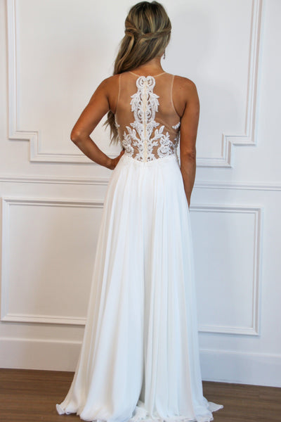 Blushing Bride Nude Illusion Chiffon Wedding Dress: White - Bella and Bloom Boutique
