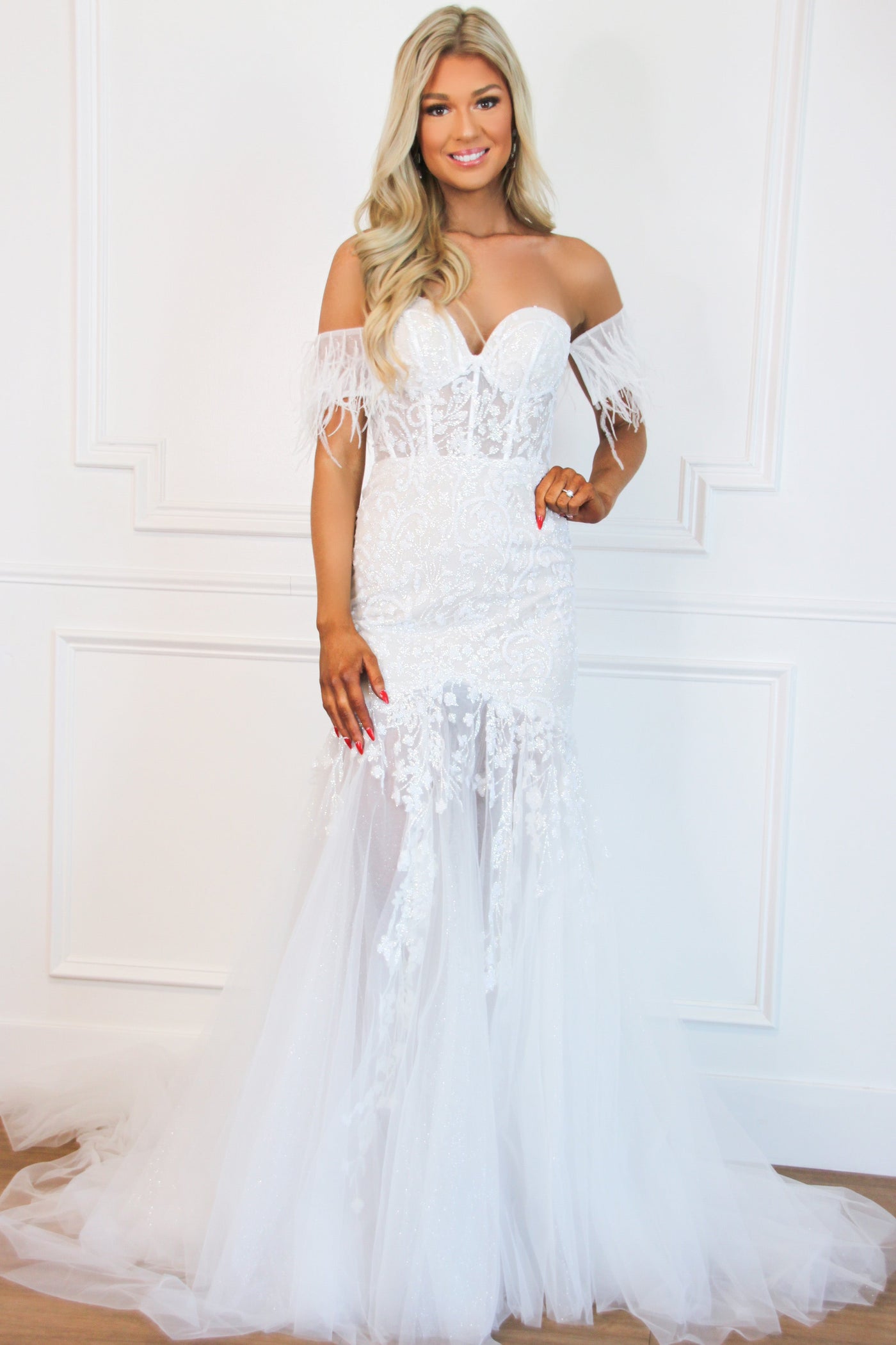 mermaid wedding dress feathers Lace Pearls Feather Sheer Mermaid Wedding Dress