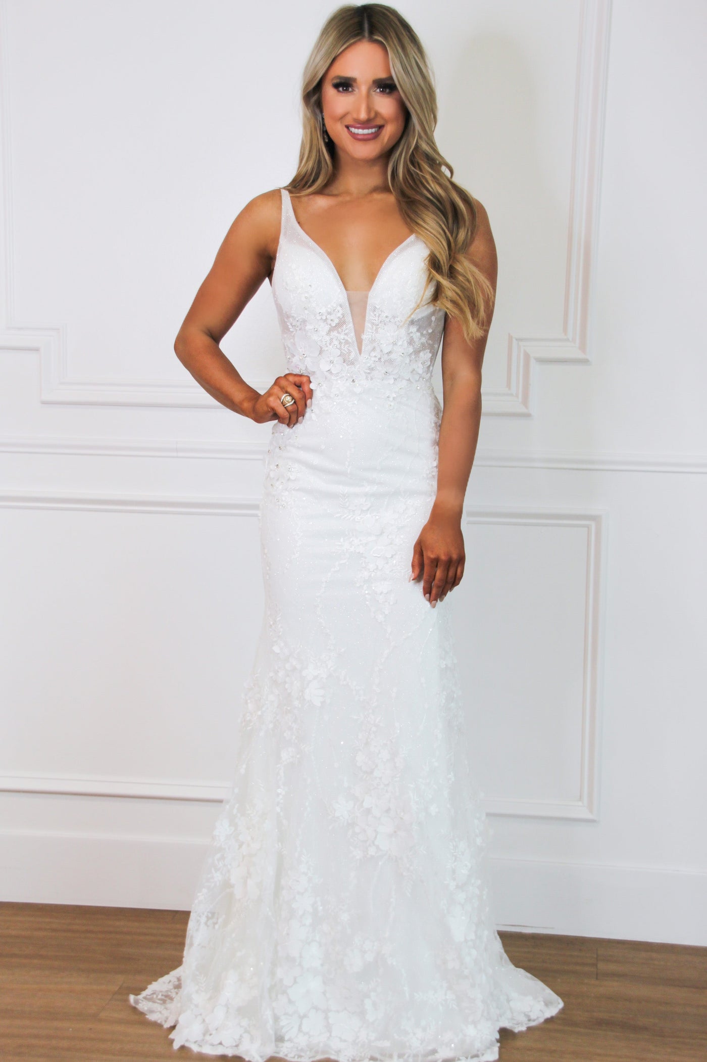 Amelia Floral Applique Sparkly Wedding Dress: White - Bella and Bloom Boutique
