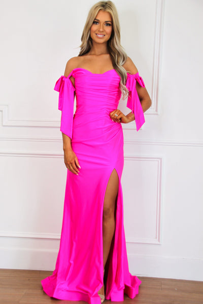 Southern Class Bow Sleeve Formal Dress: Electric Pink - Bella and Bloom Boutique