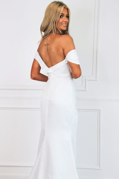 Madison Off Shoulder Button Wedding Dress: White - Bella and Bloom Boutique