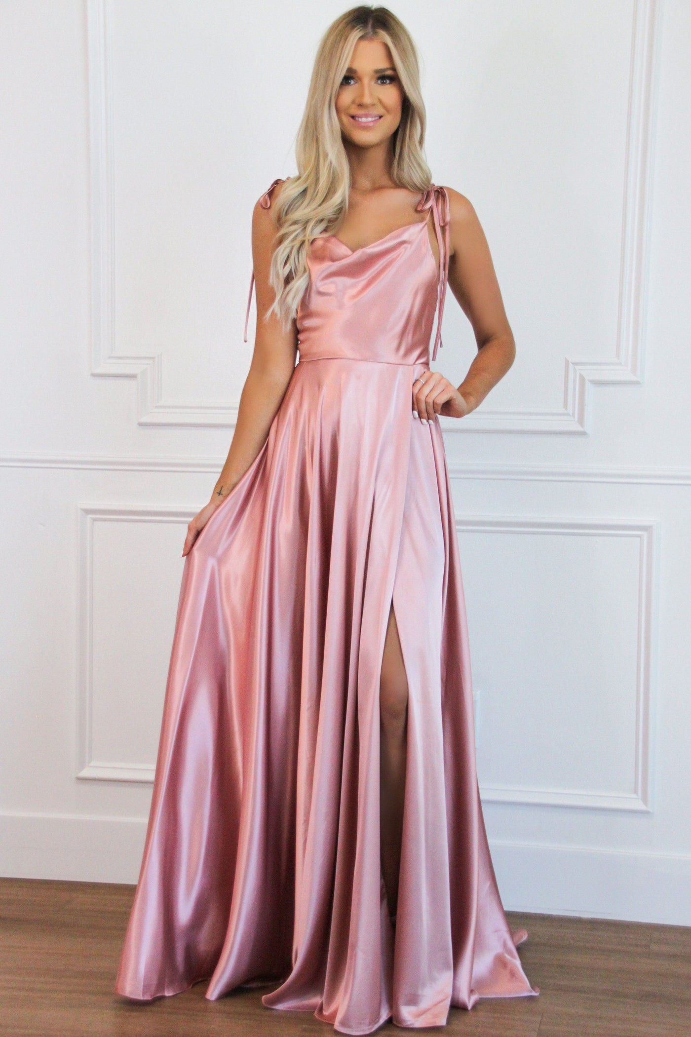 Bella and Bloom Boutique - Tonight's the Night Satin Formal Dress: Dusty Rose Bella and Bloom Boutique - Tonight's the Night Satin Formal Dress: Dusty Rose