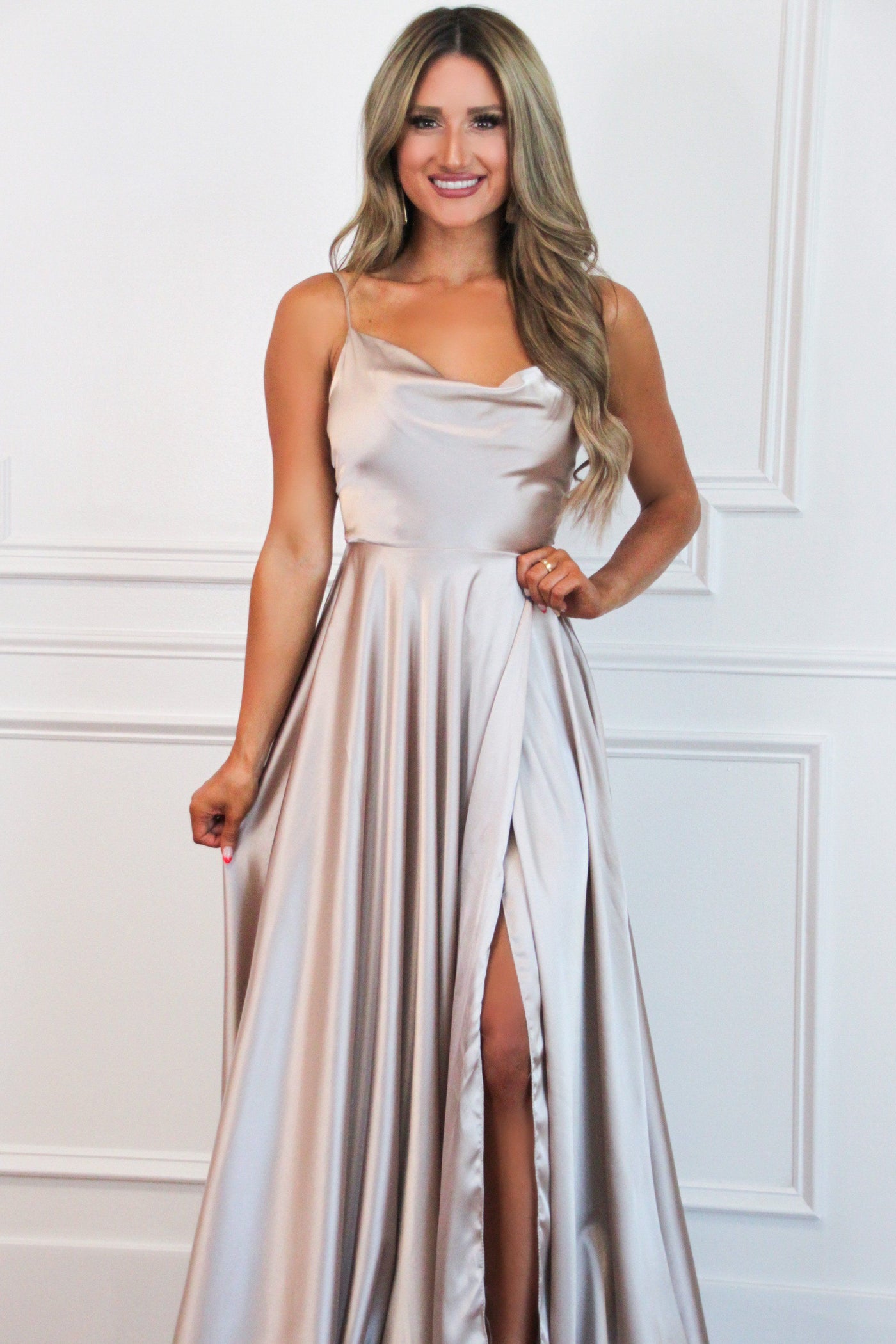 Tonight's the Night Satin Formal Dress: Champagne - Bella and Bloom Boutique