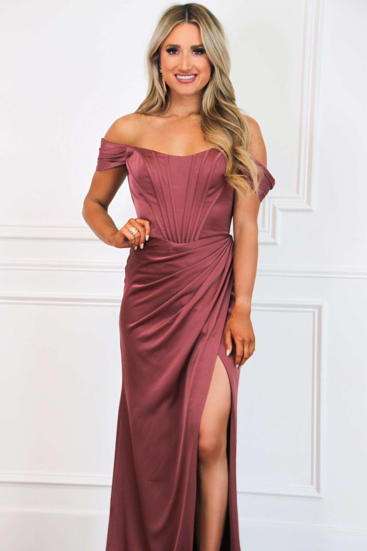 Serenity Bustier Off Shoulder Formal Dress: Rosewood - Bella and Bloom Boutique