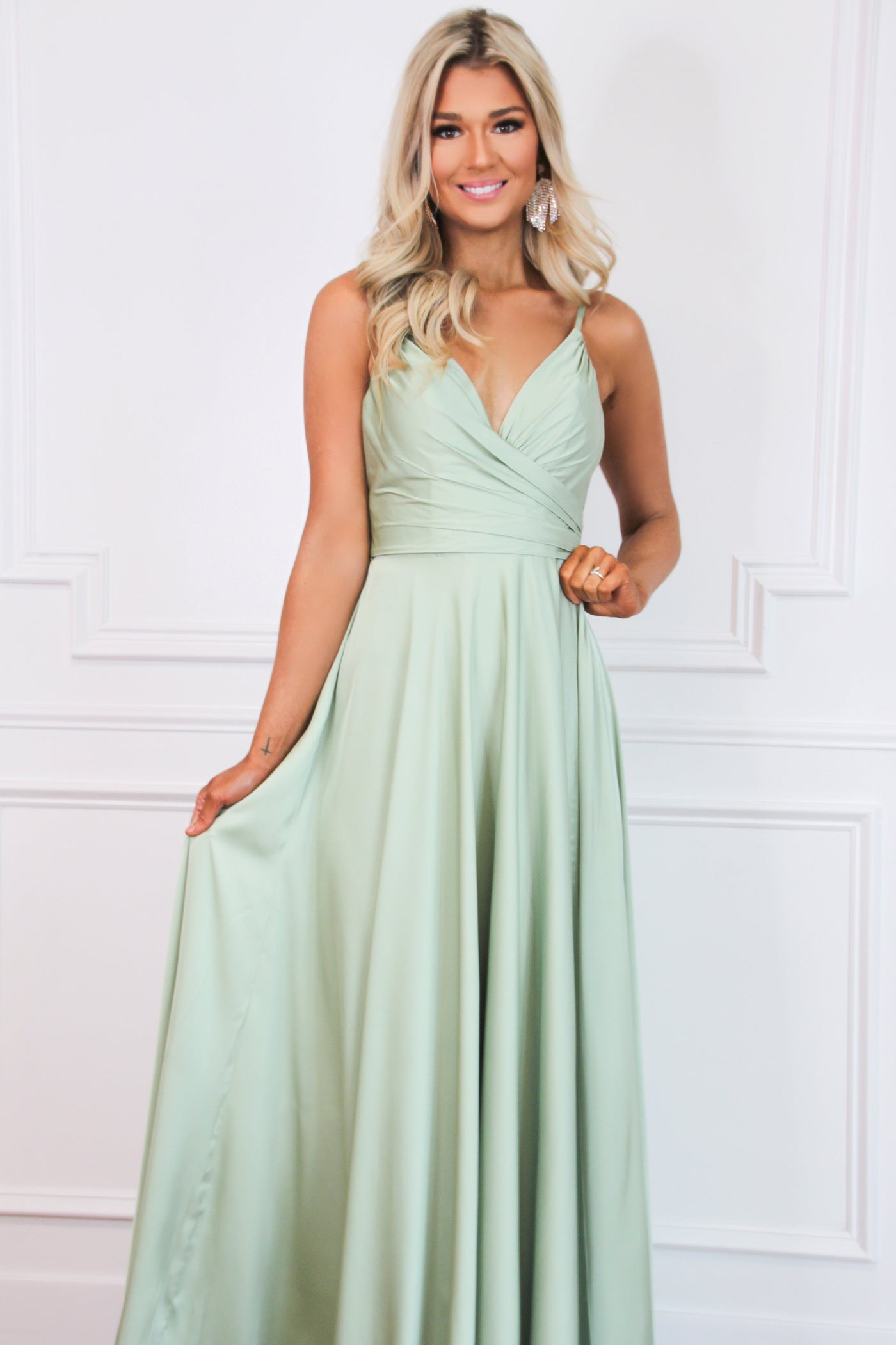 Ella Satin Slit Formal Dress: Sage - Bella and Bloom Boutique