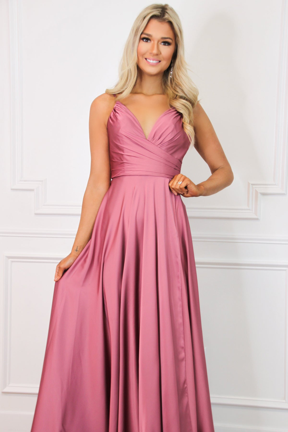 Bella and Bloom Boutique - Ella Satin Slit Formal Dress: Rose