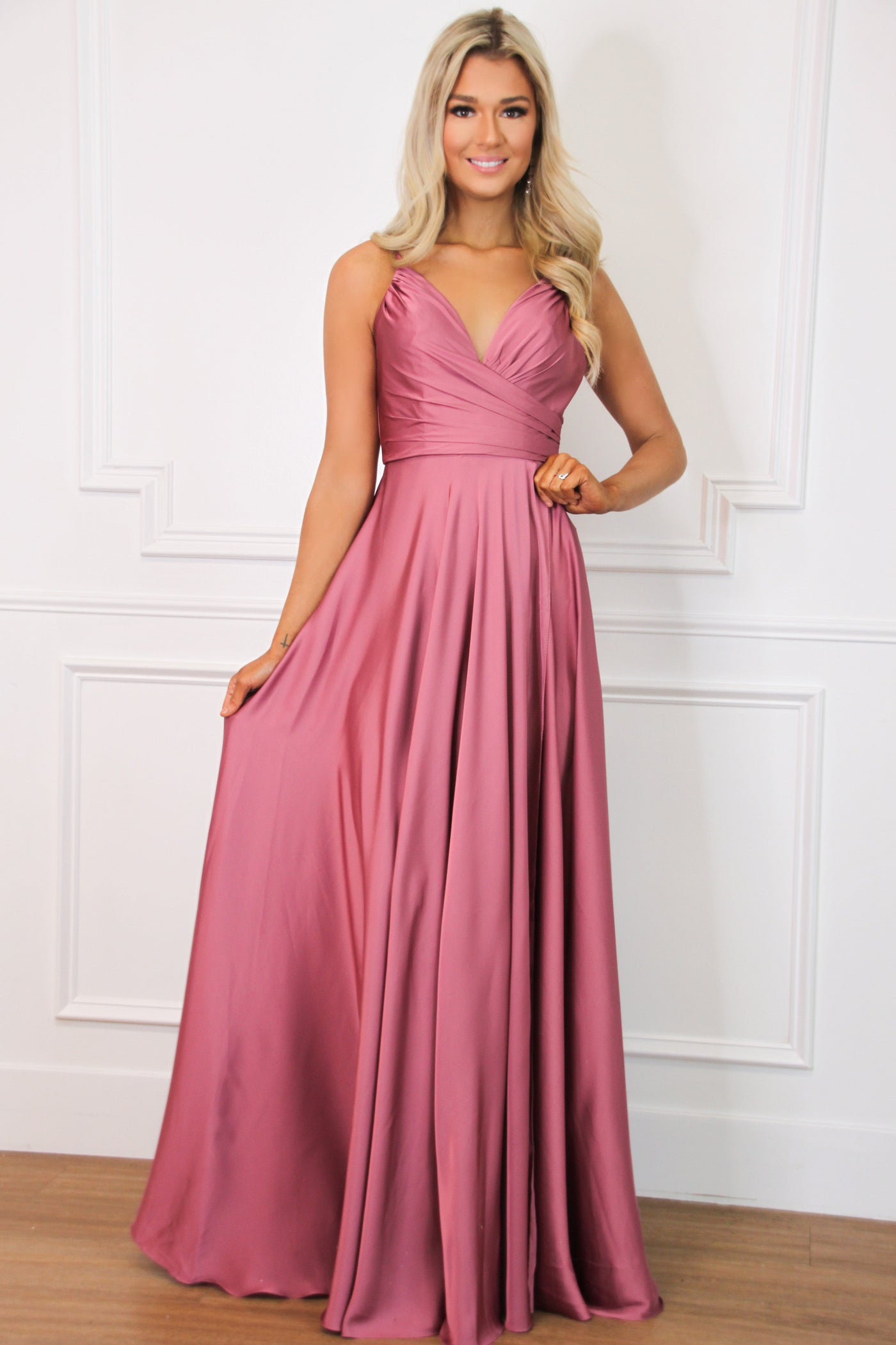 Ella Satin Slit Formal Dress: Rose - Bella and Bloom Boutique