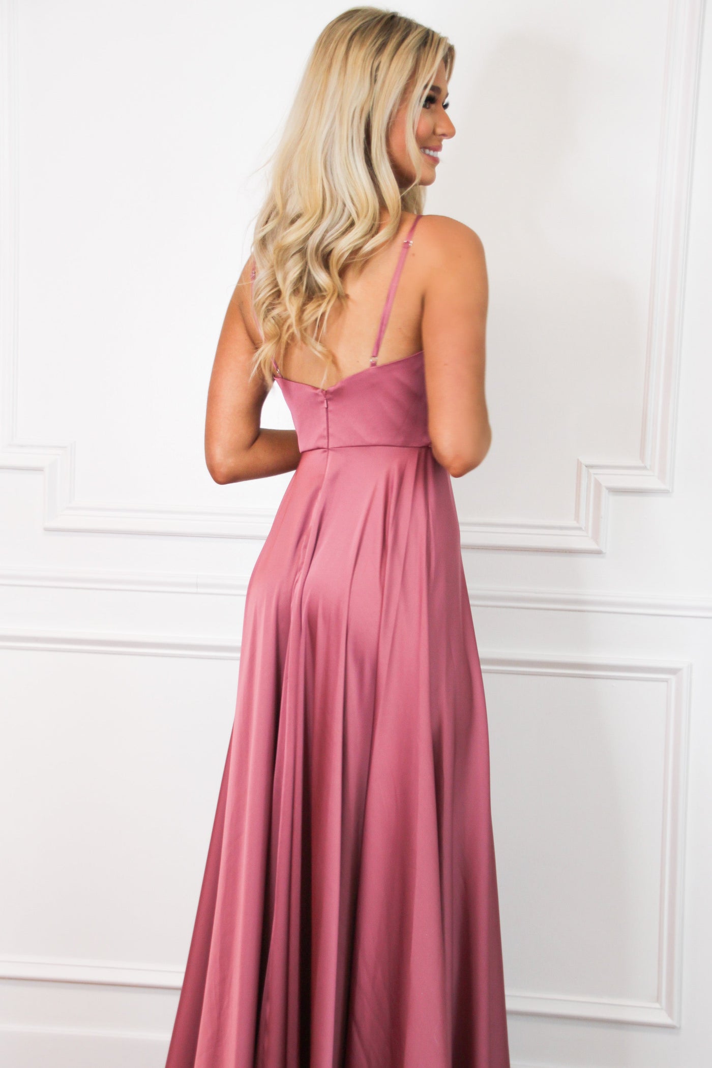 Ella Satin Slit Formal Dress: Rose - Bella and Bloom Boutique