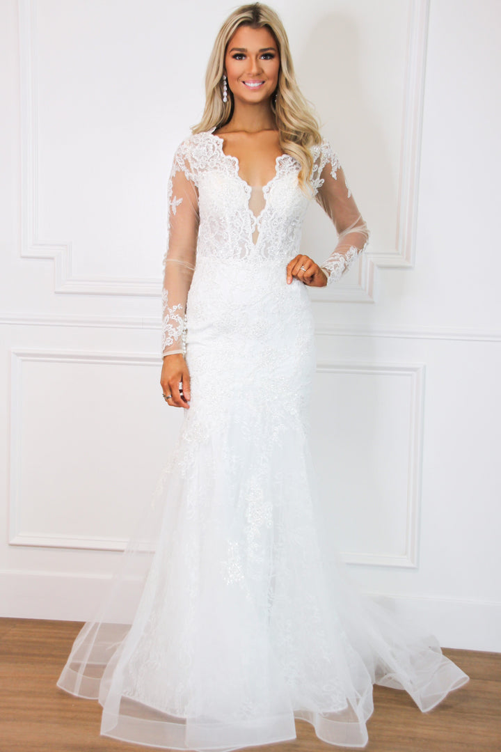 fitted lace wedding dress Puffy Sleeve Sweetheart Mermaid Maxi Gown WHITE (S) – Sweet & Classy Co main image 1