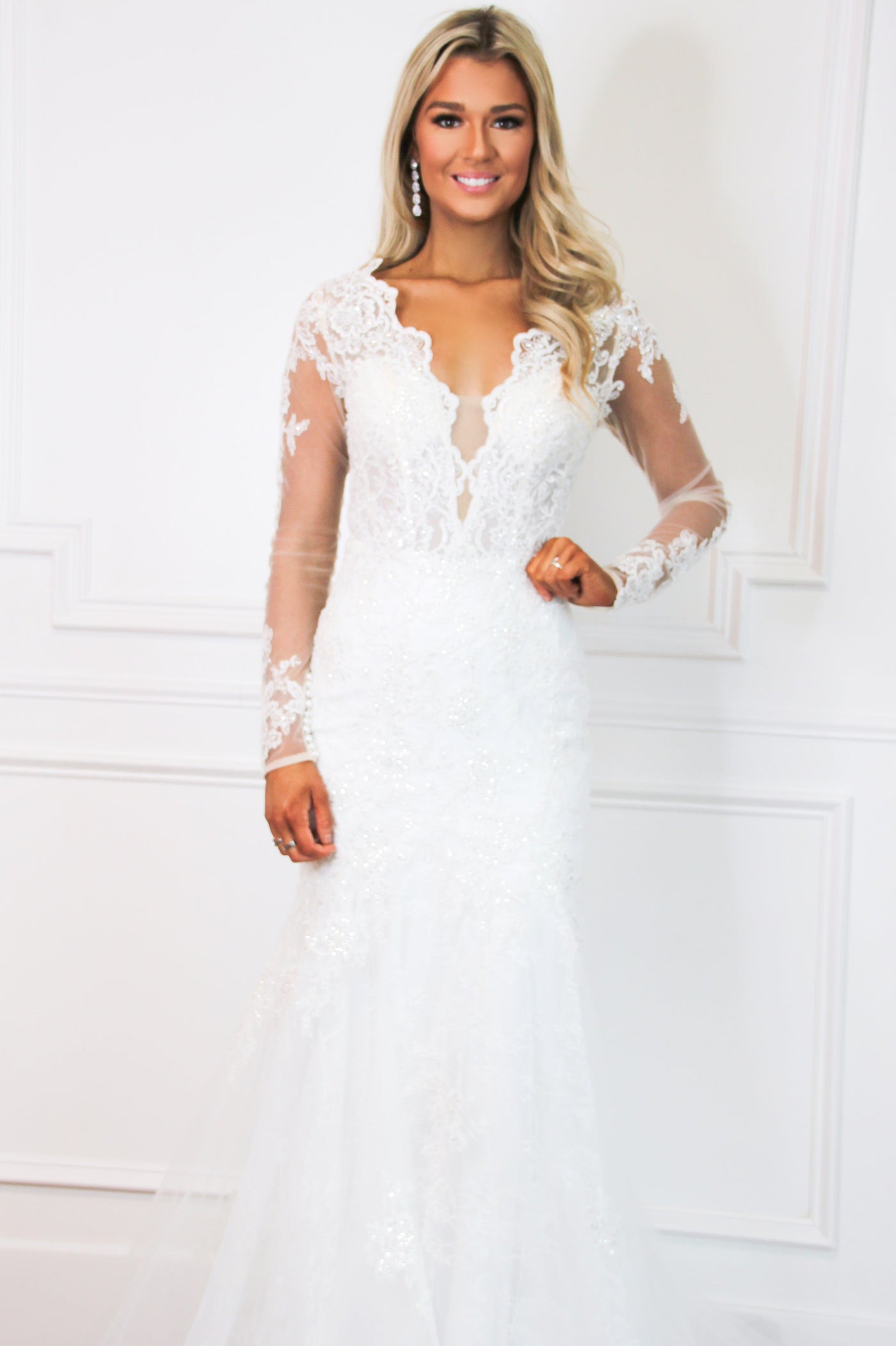Sophia Long Sleeve Lace Mermaid Wedding Dress: White - Bella and Bloom Boutique