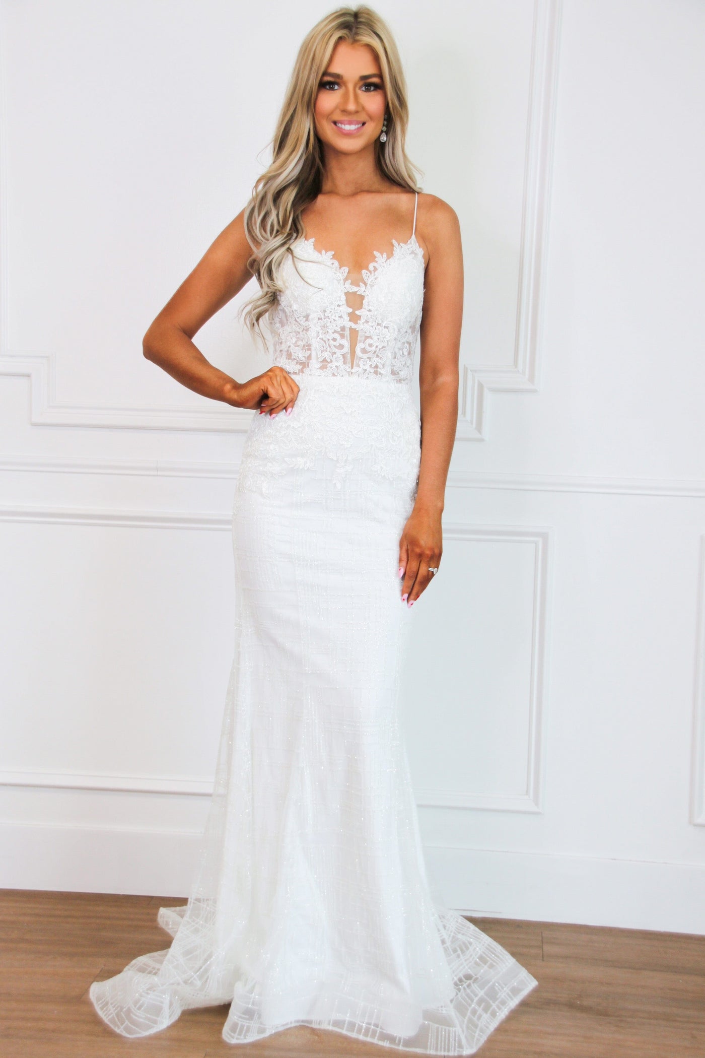 Halsey Lace Open Back Sparkly Formal Dress: White - Bella and Bloom Boutique