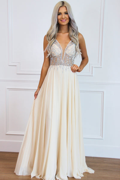Sparkle in the Night Nude Illusion Formal Dress: Champagne - Bella and Bloom Boutique