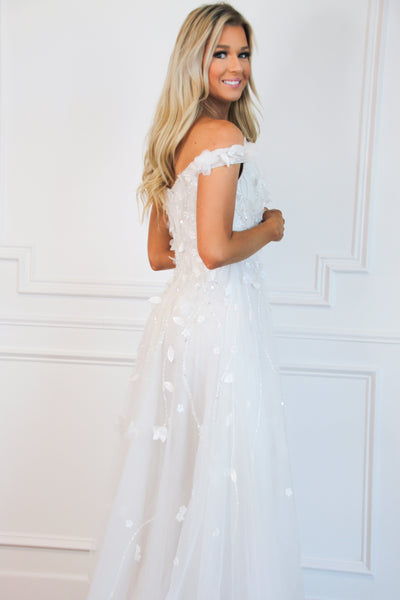Hanna Off Shoulder Floral Applique Slit Wedding Dress: Off White - Bella and Bloom Boutique