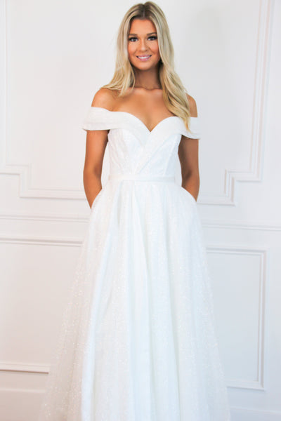 A Cinderella Story Off Shoulder Sparkly Wedding Dress: White - Bella and Bloom Boutique