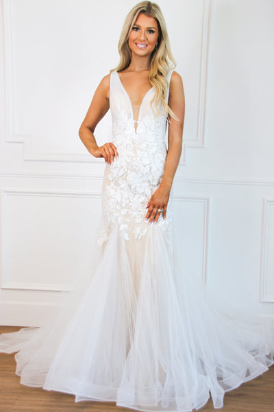 Dream Come True Lace Mermaid Wedding Dress: White/Nude - Bella and Bloom Boutique