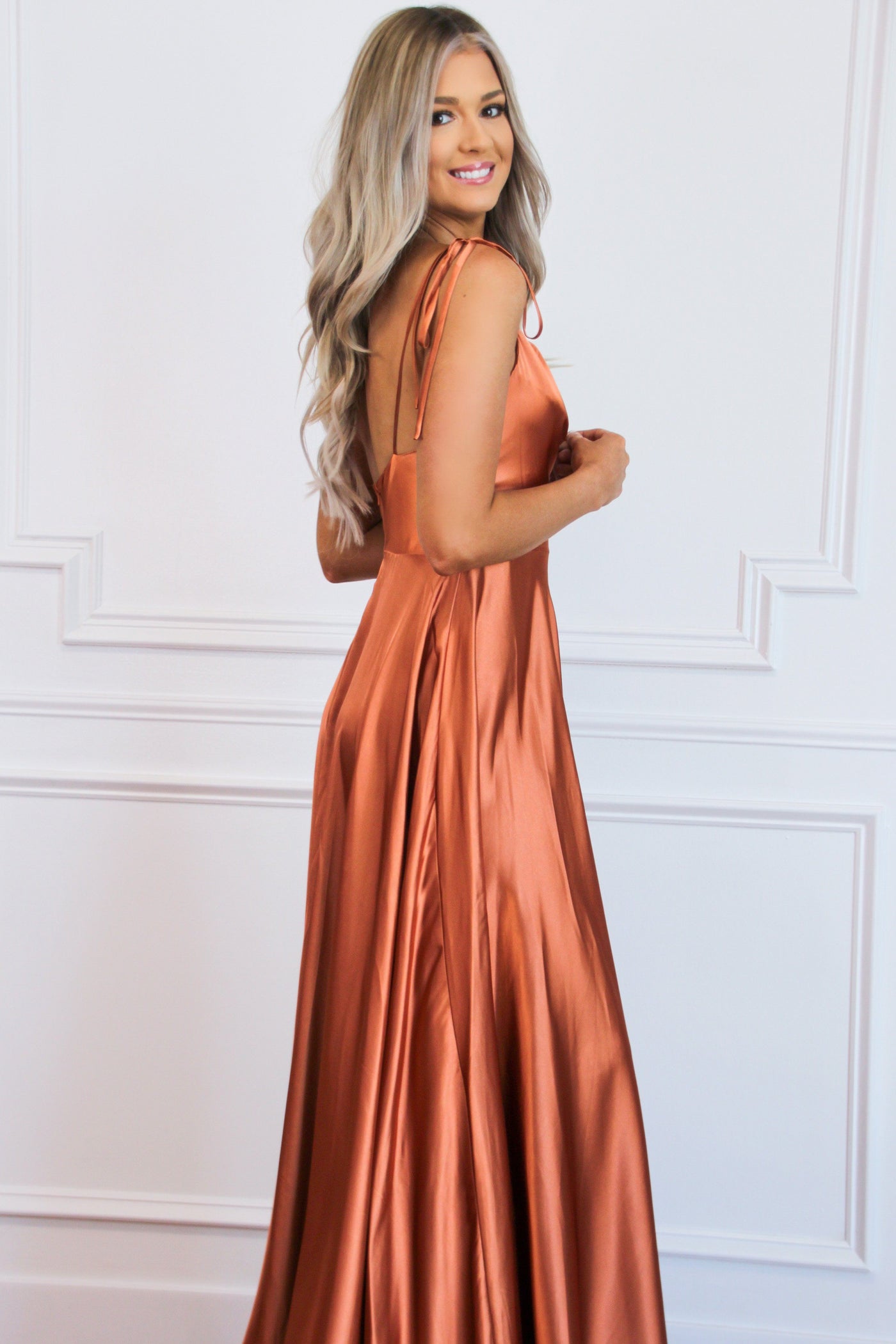 Tonight's the Night Satin Formal Dress: Rust - Bella and Bloom Boutique