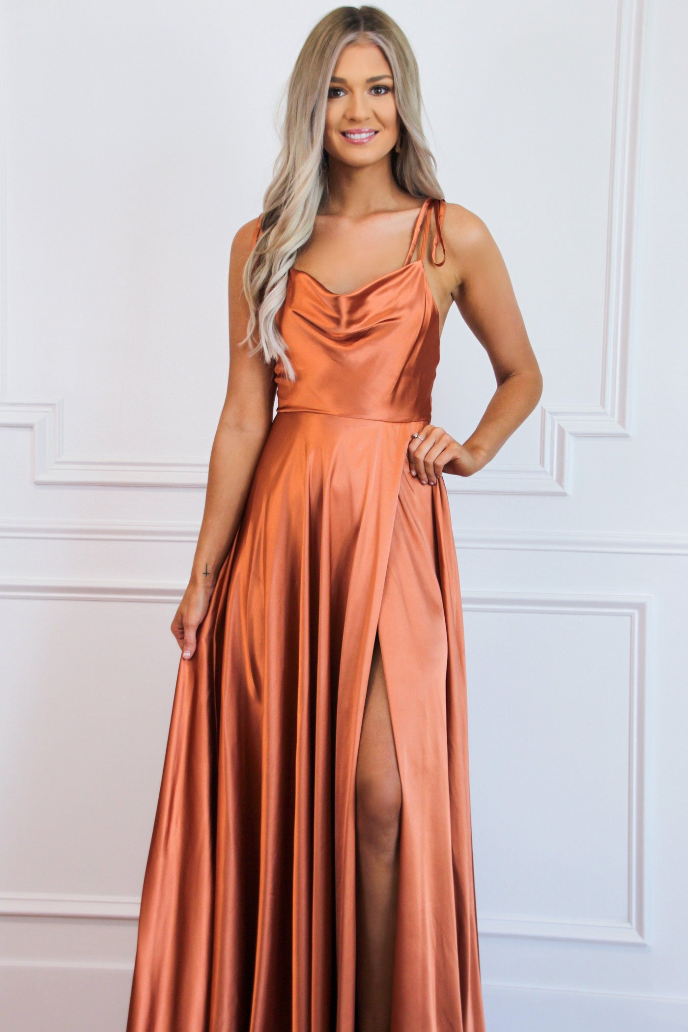 rust formal dress Sample Terracotta Brooke Satin Capture the spotlight in Scala 48938 Long Fitted Formal Prom Sequins Dress Rust Orange Satin Lace-Up Pleated