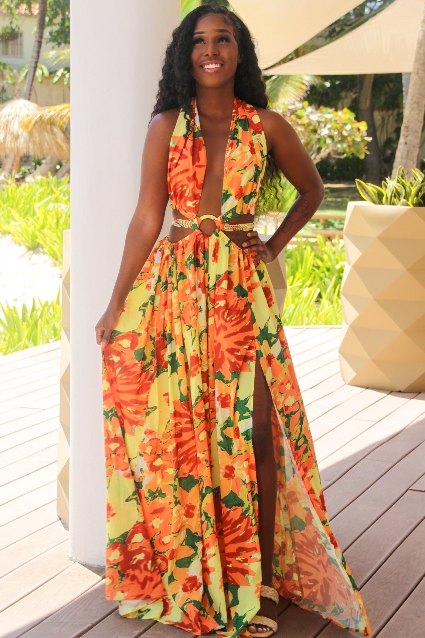 Maui Dreams Cutout Maxi Dress: Orange Multi - Bella and Bloom Boutique