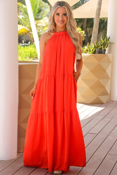 Make an Entrance Halter Maxi Dress: Tangerine - Bella and Bloom Boutique