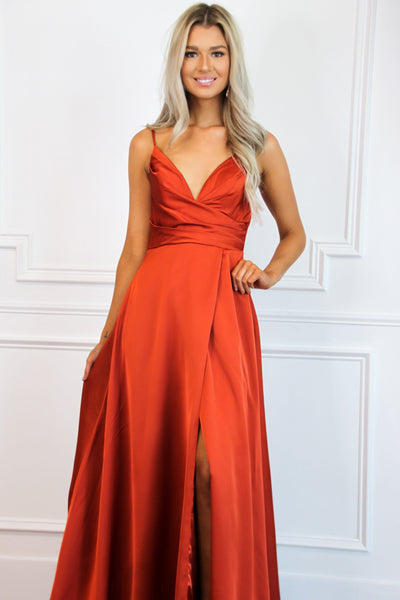 Adelaide Slit Satin Formal Dress: Rust - Bella and Bloom Boutique