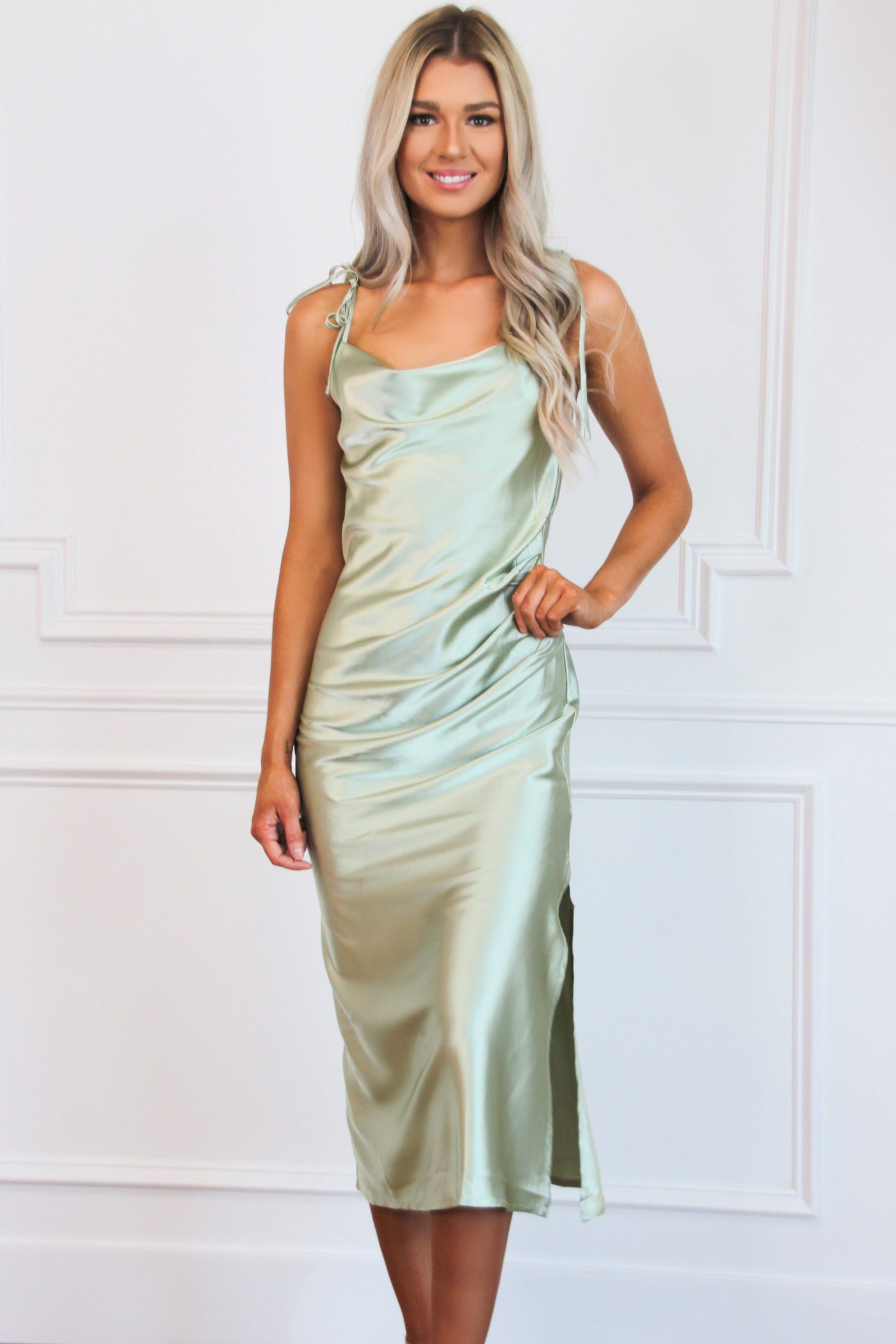 Lisa Satin Cowl Neck Midi Slip Bridesmaid Dress in Gold