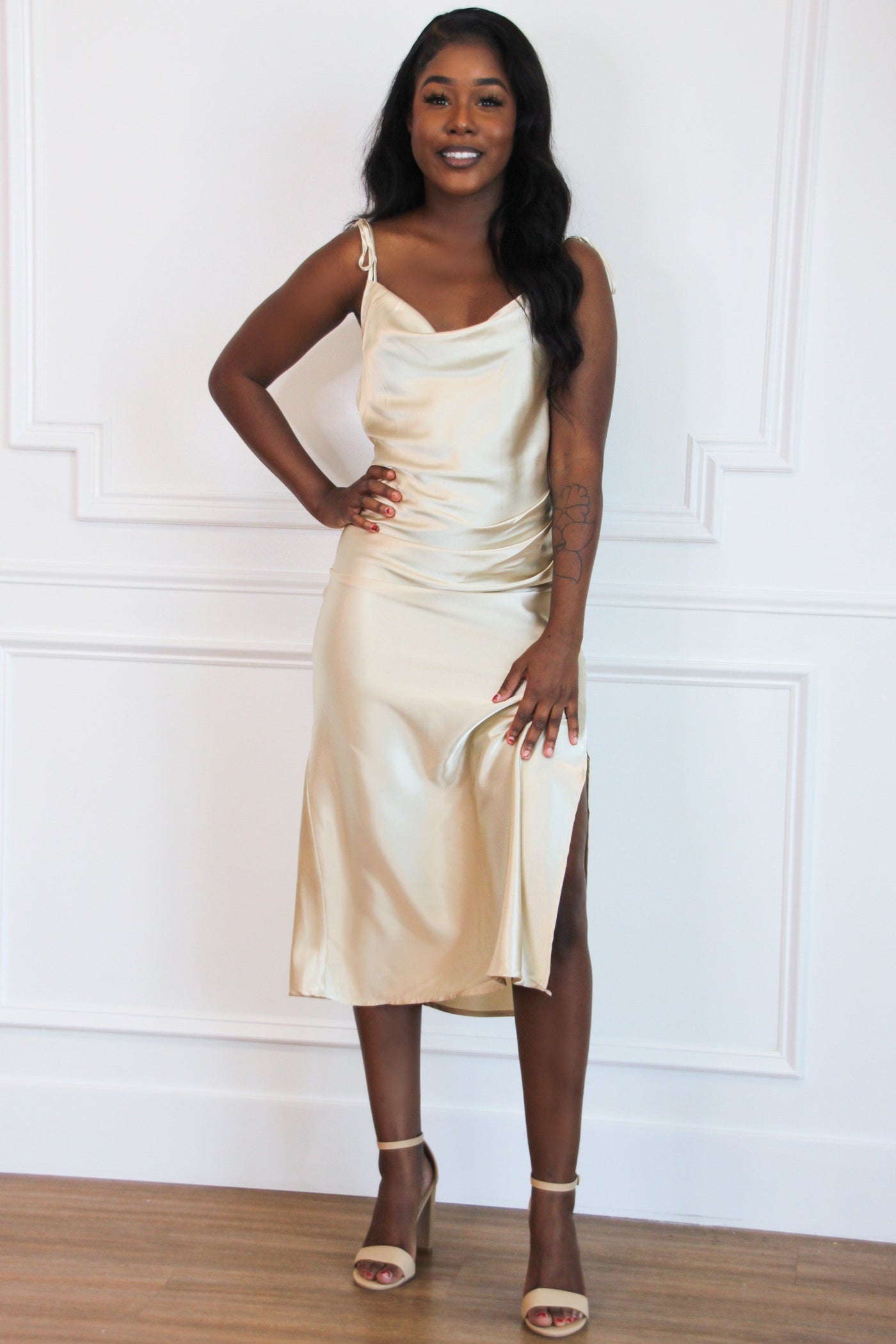 cream satin midi dress Ivory Satin Midi Dress With Open Back and Long Sleeves for Birthday Women, Bachelorette Party or Wedding Guest Dress, Bridesmaid Dress