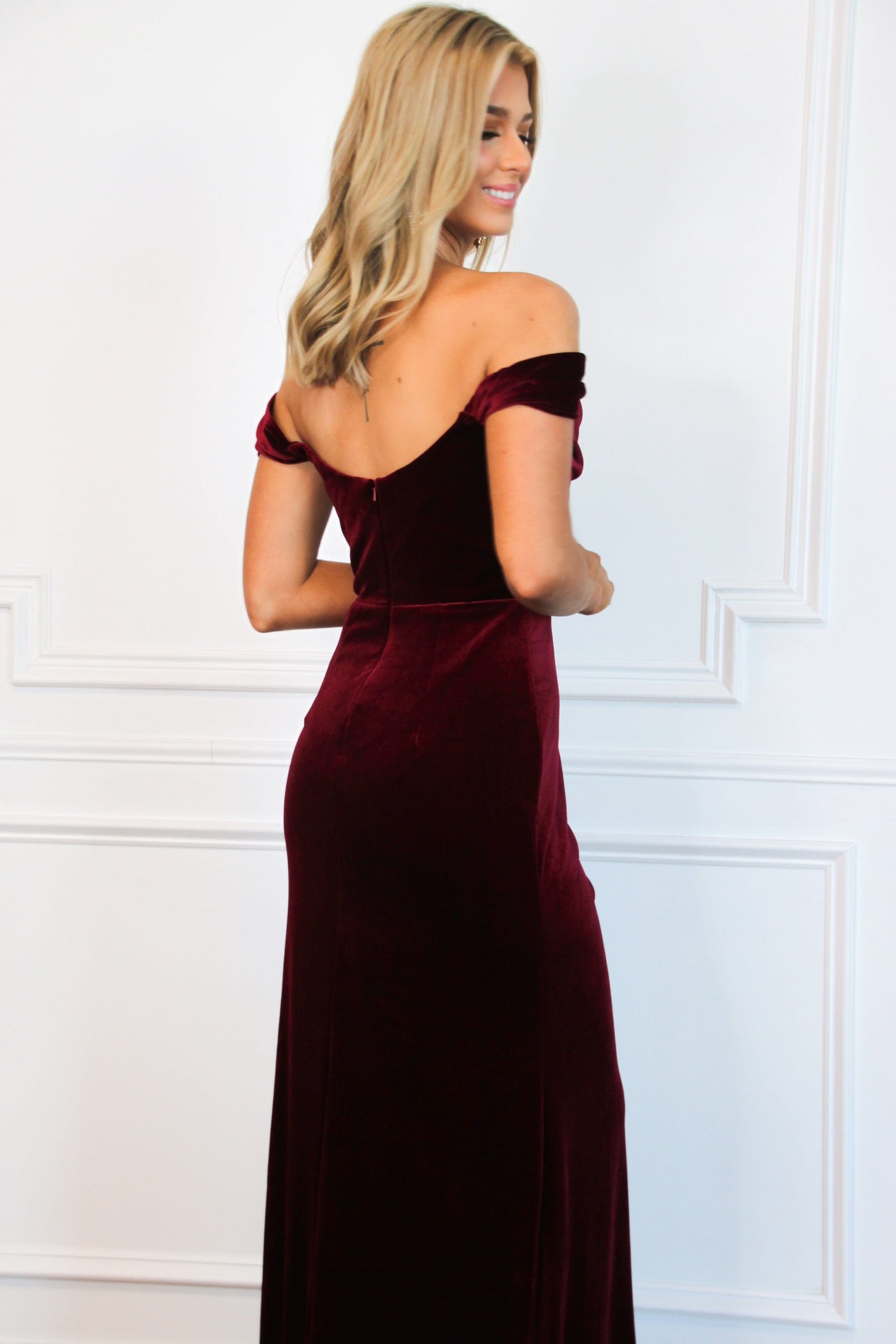 Evelynn Bustier Velvet Off Shoulder Formal Dress: Burgundy - Bella and Bloom Boutique