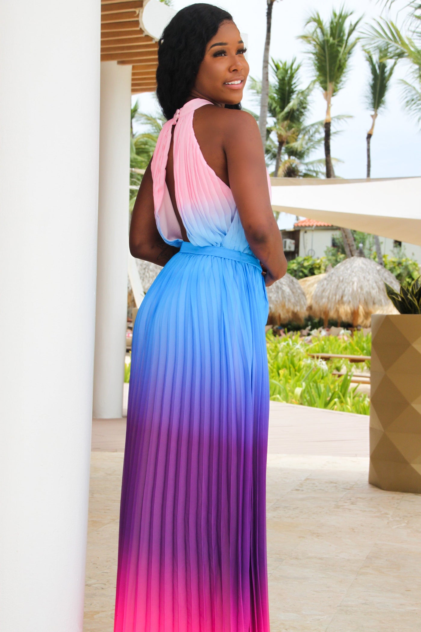 Dreamer Pleated Ombre Blouson Maxi Dress: Blue/Pink Multi - Bella and Bloom Boutique