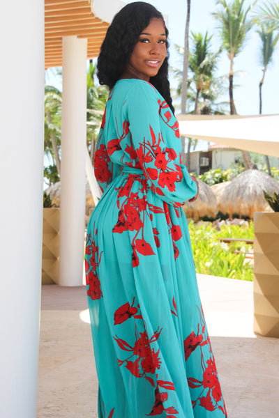 Hawaiian Islands Long Sleeve Maxi Dress: Aqua/Red - Bella and Bloom Boutique