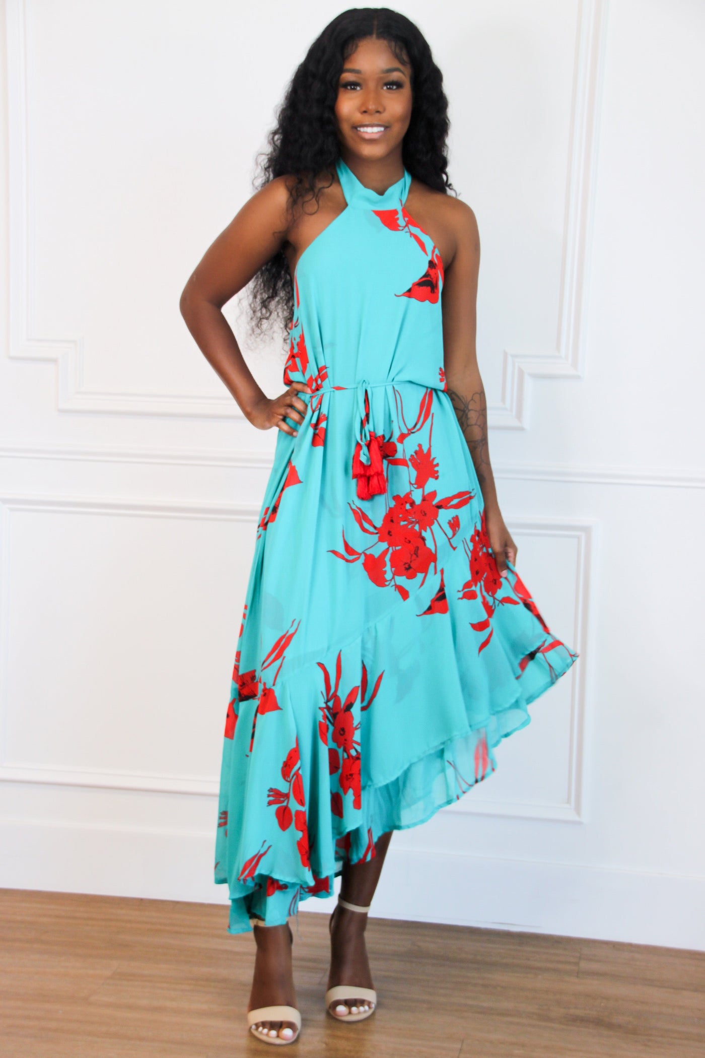 Caribbean Kiss Midi Dress: Aqua - Bella and Bloom Boutique