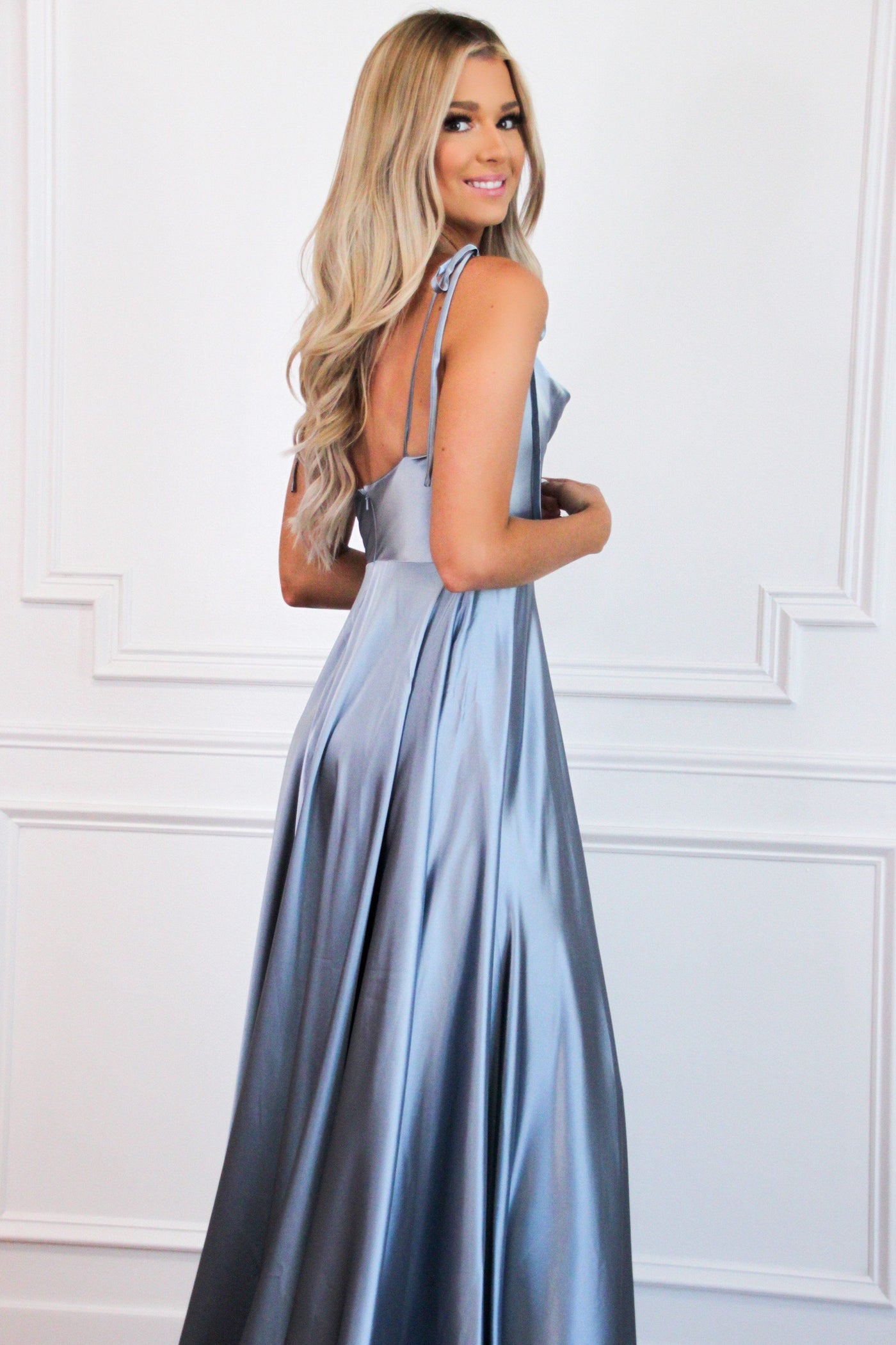 Tonight's the Night Satin Formal Dress: Dusty Blue - Bella and Bloom Boutique