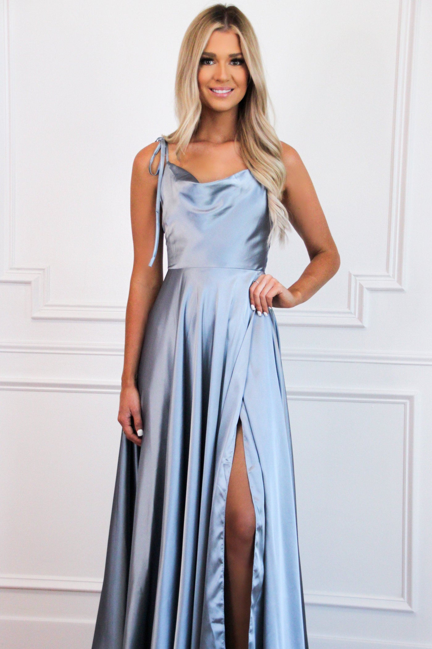 Bella and Bloom Boutique - Tonight's the Night Satin Formal Dress: Dusty Blue Bella and Bloom Boutique - Tonight's the Night Satin Formal Dress: Dusty Blue