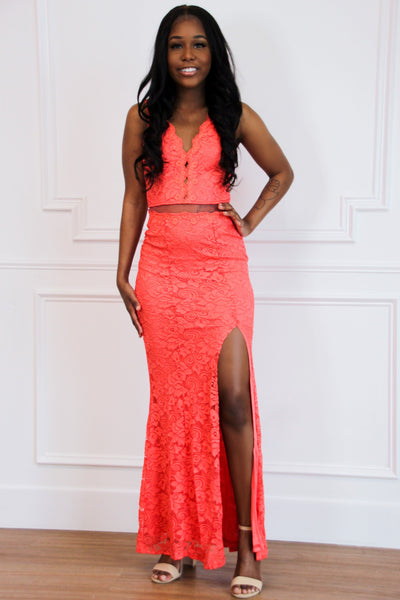 Overwhelming Love Lace Midi Dress: Coral - Bella and Bloom Boutique