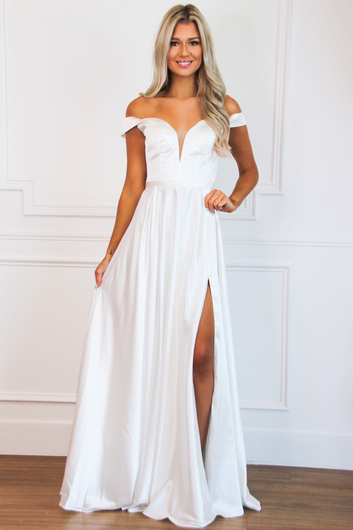 Love at First Sight Satin Off Shoulder Wedding Dress: White - Bella and Bloom Boutique