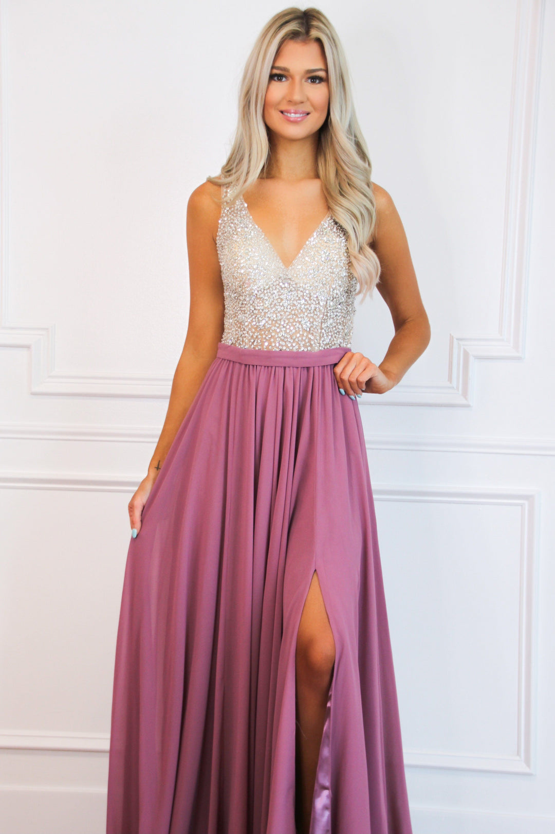 Elegant Affair Beaded Maxi Dress: Dusty Rose – Bella and Bloom Boutique