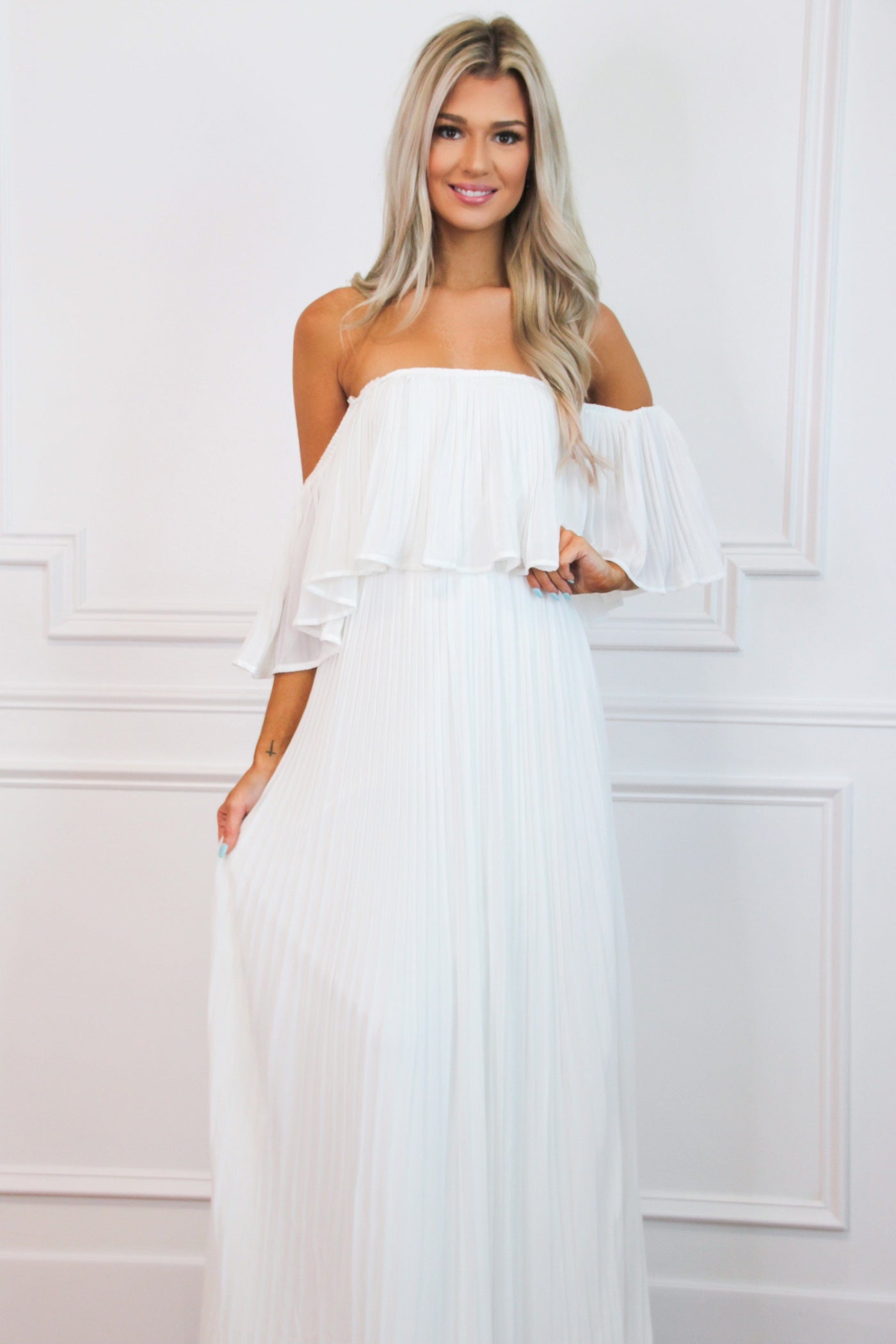 Say You Love Me Pleated Maxi Dress: White - Bella and Bloom Boutique