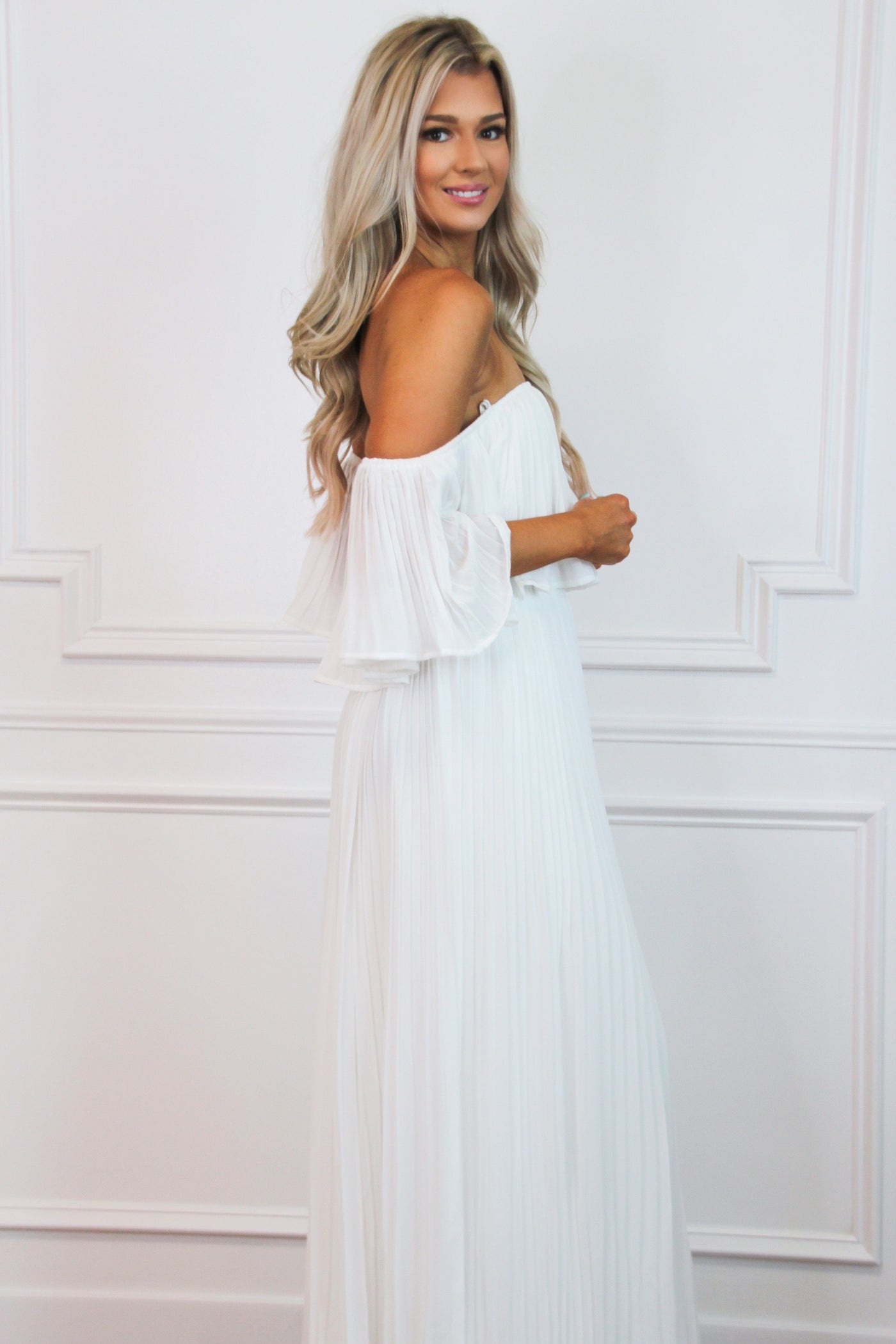 Say You Love Me Pleated Maxi Dress: White - Bella and Bloom Boutique