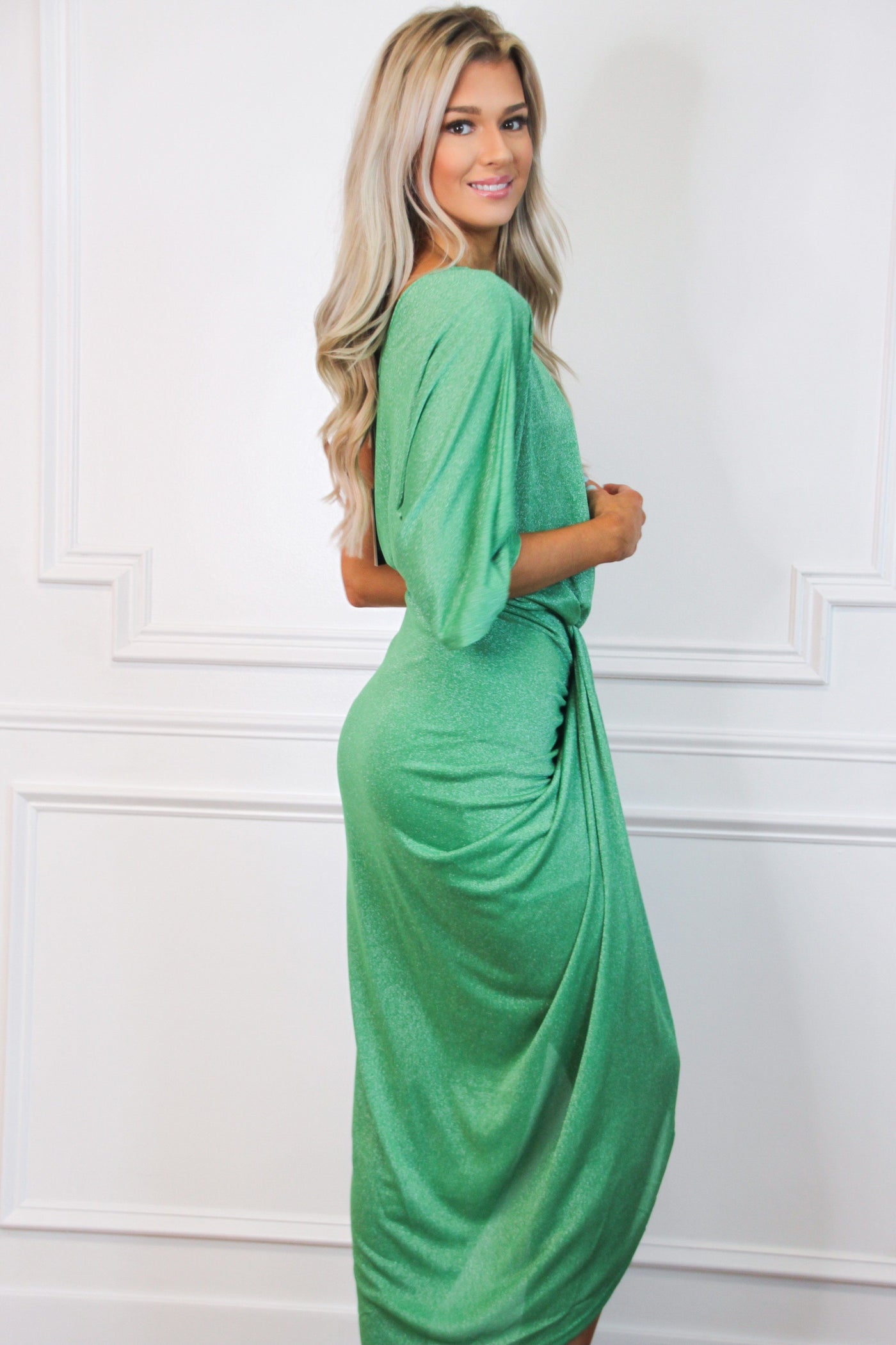 Hold You Tight Sparkly Midi Dress: Kelly Green - Bella and Bloom Boutique