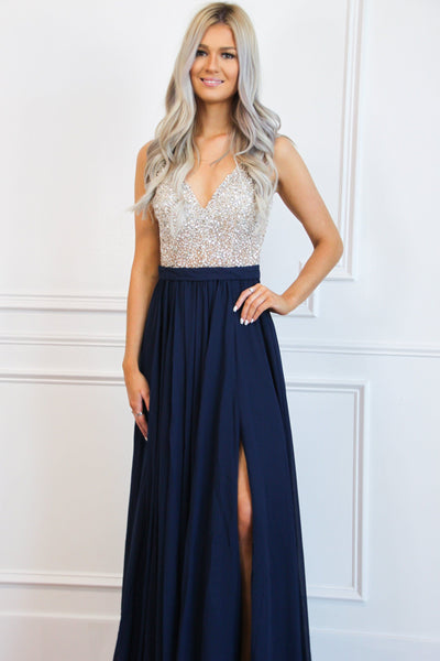 Elegant Affair Beaded Maxi Dress: Navy - Bella and Bloom Boutique
