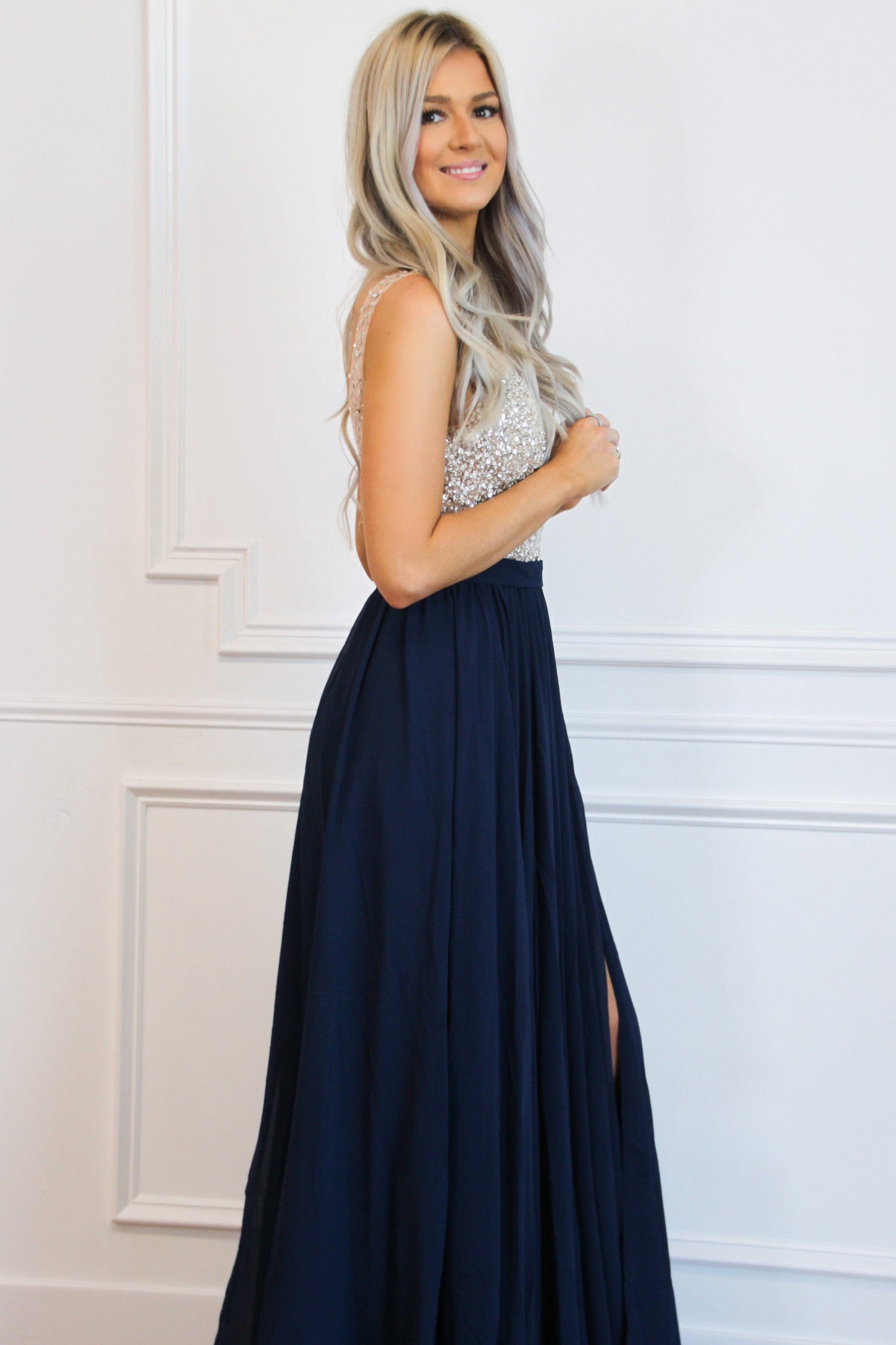 Elegant Affair Beaded Maxi Dress: Navy - Bella and Bloom Boutique