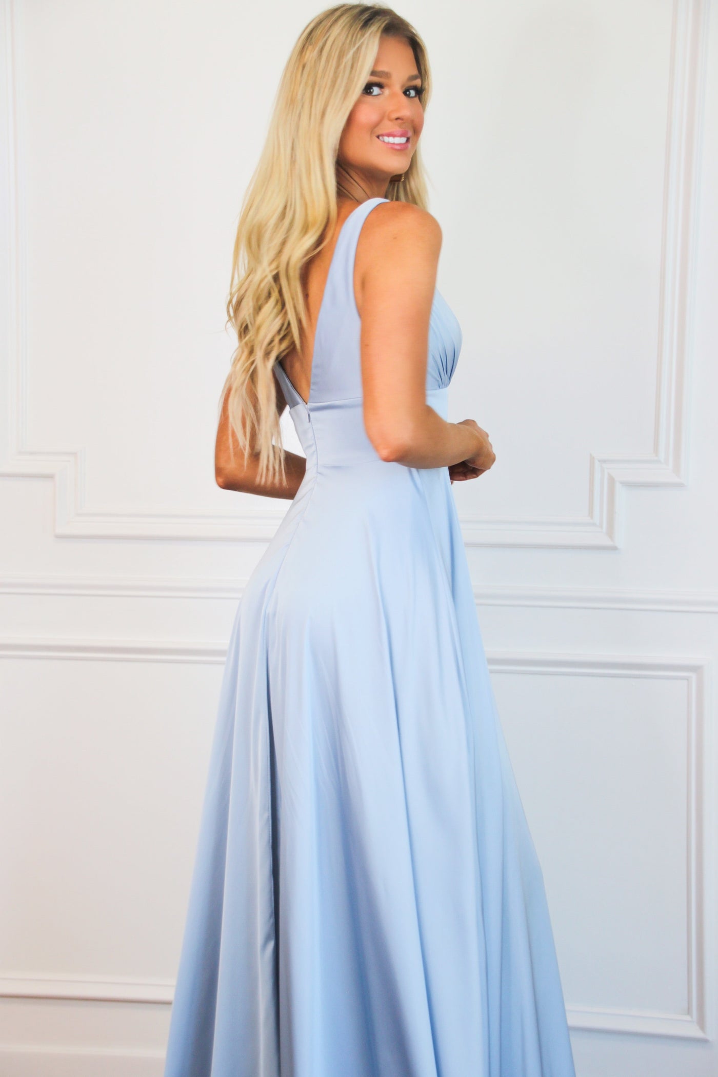 Remi Satin V-Neck Slit Formal Dress: Cinderella Blue - Bella and Bloom Boutique