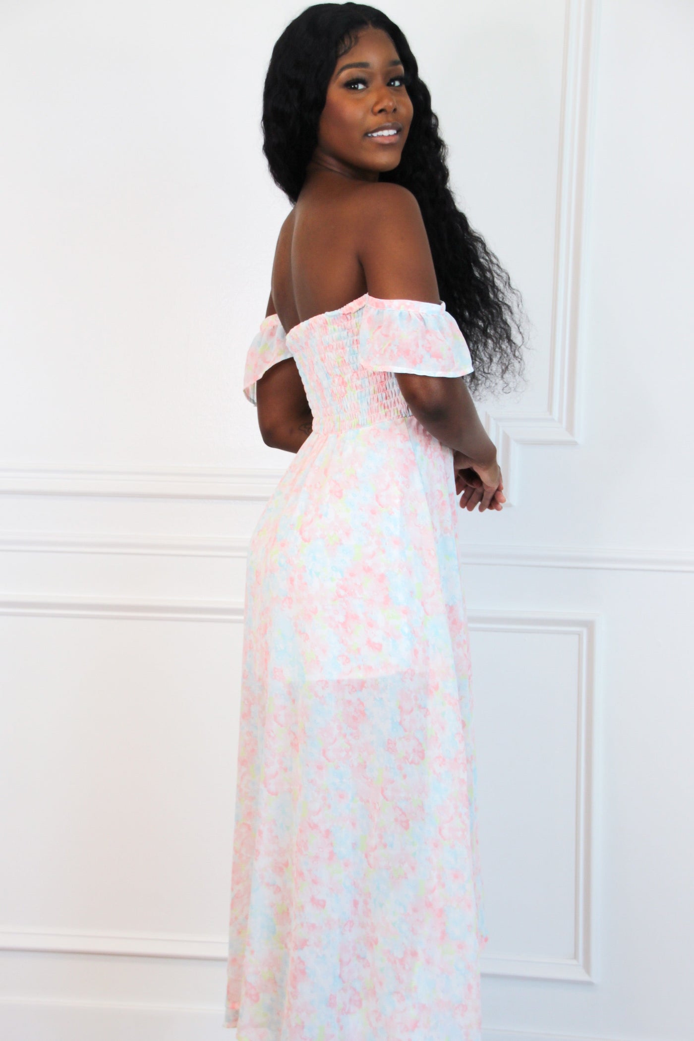 Perfectly Pastel Smocked Midi Dress: White Multi - Bella and Bloom Boutique