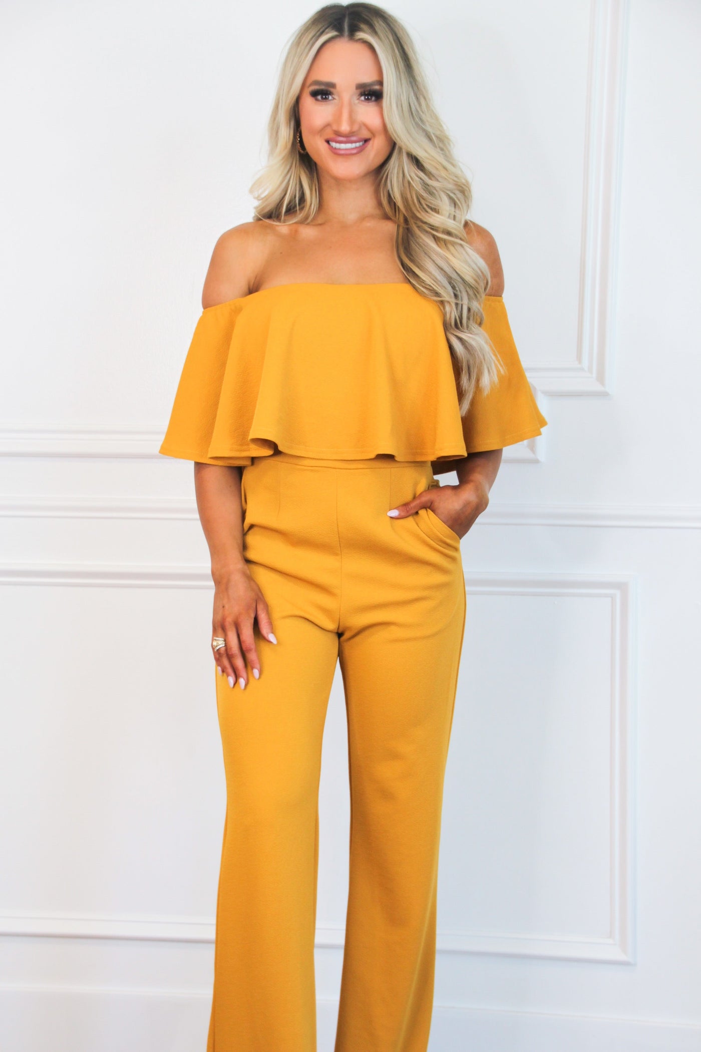 Under Your Spell Jumpsuit: Mustard - Bella and Bloom Boutique