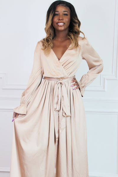 Dancing in the Moonlight Satin Maxi Dress: Champagne - Bella and Bloom Boutique