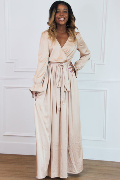 Dancing in the Moonlight Satin Maxi Dress: Champagne - Bella and Bloom Boutique
