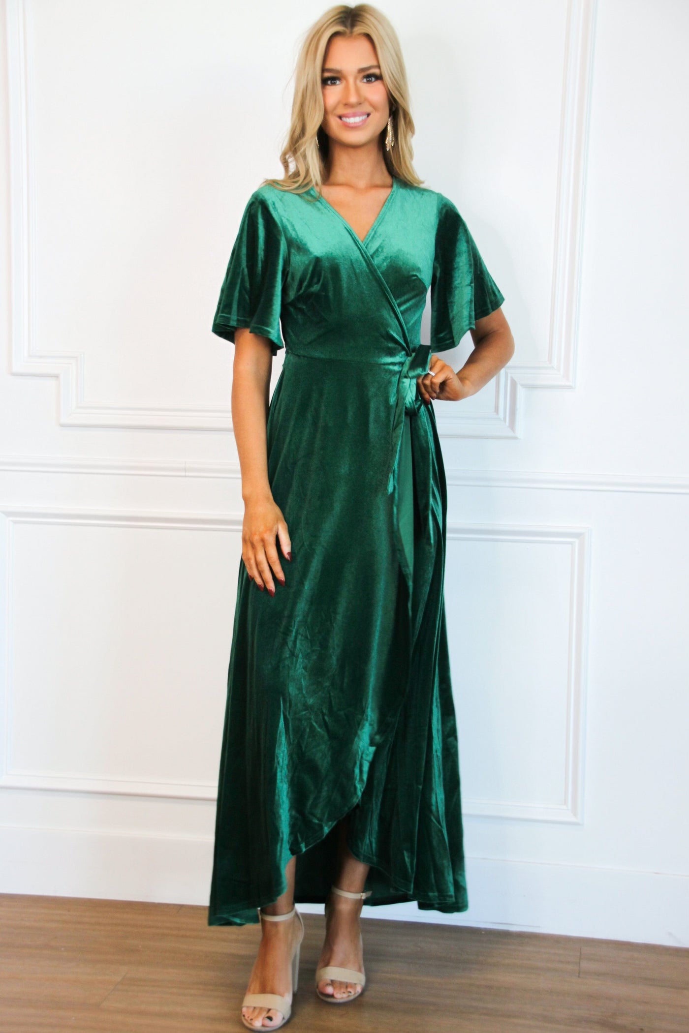 Winter Wonders Velvet Wrap Maxi Dress: Emerald - Bella and Bloom Boutique