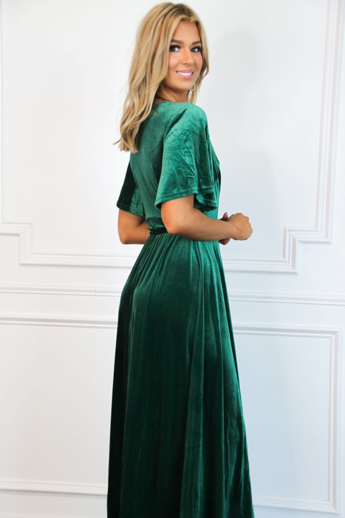 Winter Wonders Velvet Wrap Maxi Dress: Emerald - Bella and Bloom Boutique