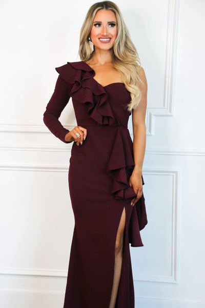 Because of You One Shoulder Dress: Burgundy - Bella and Bloom Boutique