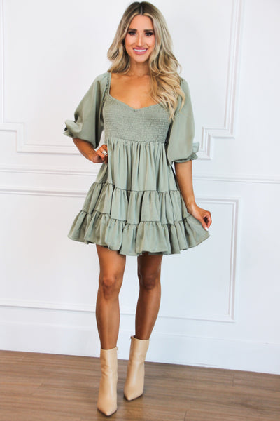 Hazel Smocked Babydoll Dress: Olive - Bella and Bloom Boutique